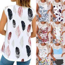 Women's Tanks Women Summer Sleeveless Contrast Lace Tops Boho Floral Printed Round Neck Casual Loose Fit Tunic Shirts Blouses 6XDA