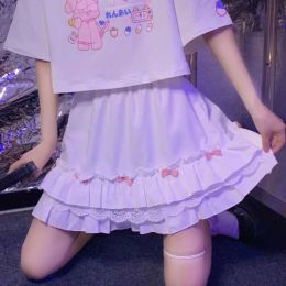 HOUZHOU Kawaii White Mini Skirts Women Harajuku Ruffle Lace Bow Patchwork High Waist Pleated Skirt Japanese Style Soft Girl