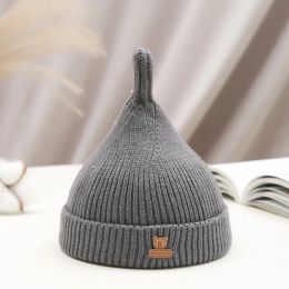 Solid Color Bear Drop Shape Baby Hat Autumn Winter Warm Toddler Knitted Beanies Soft Thicken Crochet Infant Girl Boy Bonnet 0-1Y