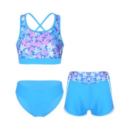 Toddler Girls Swimwear Swimsuit Rashguard Open Back Print Crop Tank Top with Shorts and Briefs Set 3Pcs Swimming Suits Beachwear