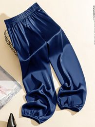 High Waist Ice Silk Acetate Wide Leg Pants for Women Summer Loose Satin Knickerbockers Ankle Length Trousers 240321