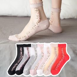 Women Socks Women's Summer Ultra Thin Crystal Silk Cotton Bottom Floral Transparent Breathable Mid-Tube Sock Elastic Short Tulle