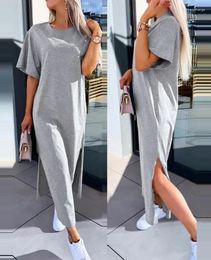 Casual Dresses Womens 2024 Summer Fashion Slit Short Sleeve Round Neck Plain Daily Straight Mid-Calf Dress