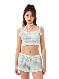 Home Clothing Women S 2 Piece Summer Set Square Neck Lace Trim Crop Adjustable Spaghetti Strap Tops Elastic Waist Plaid Shorts Outfits