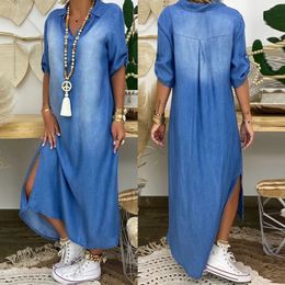 2023 Casual Korean Plus Size Denim Dress For Women Summer Dresses Lapel Split Sexy Loose Long ladies Jeans 3XL Vestidos 240322