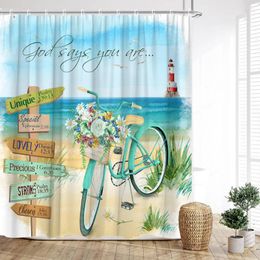 Shower Curtains Seaside Curtain Bicycle Beach Lighthouse Farm Floral Planks Seagulls Sailboats Ocean Waves Prints Family Bathroom Decor