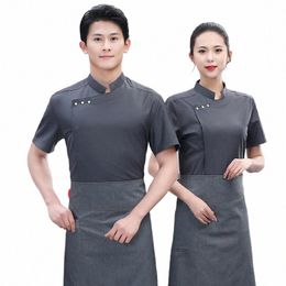 chef Overalls Men's Short-Sleeved Summer Hotel Staff Catering Restaurant Kitchen Clothes Canteen Restaurant Chef Workwear U5lI#