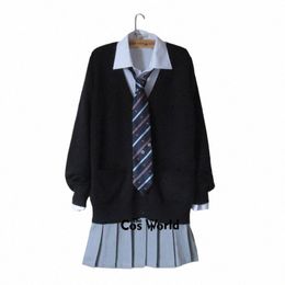 preppy Style Student Class Japan JK High School Uniform Winter Black V-Neck Cardigan Grey Pleated Skirt Shirt Suits k0W5#