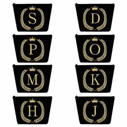 makeup Organiser Custom Name 26 Initials Wheat Ears Print Black Women's Cosmetic Bag Luxury Golden Letters Travel Toiletry Bags n3pE#