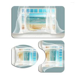 Bath Mats 3 In 1 Window Beach Printing Pattern Bathroom Mat Set Anti-slip Washroom Carpet Toilet Seat Lid Cover For Home El (SY267)