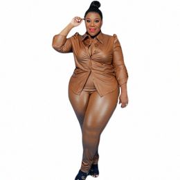 plus Size Sets Women Clothing Two Piece Set Leather Ladies Suits Fall Lg Sleeve Tops and Pants Outfits Wholesale Dropship 34cn#