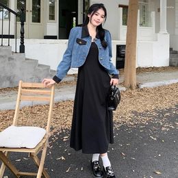 Work Dresses Spring Summer Two-piece Set For Women Blue Denim Jacket Tops And Black Cotton Long Tank Female Large Size Matching Suits