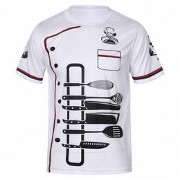 mens Stylish Print Chef Shirt Hotel Restaurant Kitchen Food Service Workwear Costume Casual Round Neck Short Sleeve T-shirt Tops 96h8#