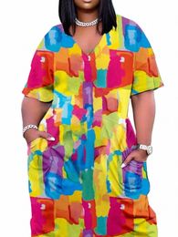 lw Plus Size women dr V Neck Tie Dye Pocket Design Dr vestido para mujer plus size summer dres for women fi skirt J7G8#
