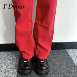 Y Demo Streetwear 90s Retro Red Straight Pants Women High Waist Loose Jeans Hiphop Grunge
