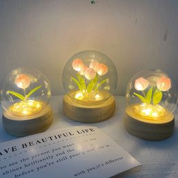 Mini Tulip Night Light Ręcznie robiony materiał DIY Śliczny atmosfera lampa wystrój domu