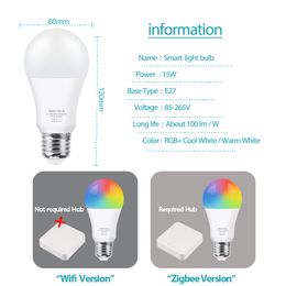 TUYA WIFI SMART GULB RGB E27 ZIGBEE LED -glödlampa Smart Home Tuya Zigbee Lamp 110V 220V Alexa Smart Lamp för Google Home
