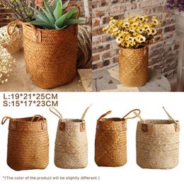 Seagrass Flower Basket Hand Woven Holder Straw Beach Bag Natural Craft Plant Pot Cover Vase Home Decoration 240318