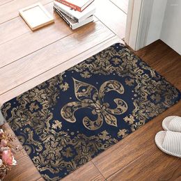 Carpets Fleur De Lys Anti-Slip Rug Doormat Living Room Mat Luxury Ornament Gold And Dark Blue Floor Carpet Home Decor