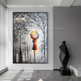 Modern Woman Holding An Umbrella In The Rain Oil Painting Handmade Landscape Canvas Painting Modern Wall Art Home Decoration Decor Rolled Canvas No Frame