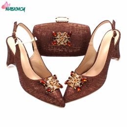 Boots 2021 Comfortablel Heels New Coming Ins Hot Sale Italian Women Shoes and Bag Set in Coffee Colour for Garden Party