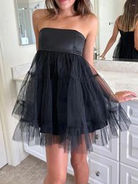 Casual Dresses Women S Off Shoulder Tulle Tutu Bandeau Mini Dress Solid Color Sleeveless Strapless Open Back A-Line