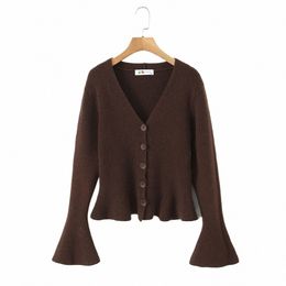 v-neck Flare Sleeve RUFFLES Hem Knitted Cardigan Jacket Good Quality Plus Size Women Autumn Winter French Sweater Slim Jumpers w23n#