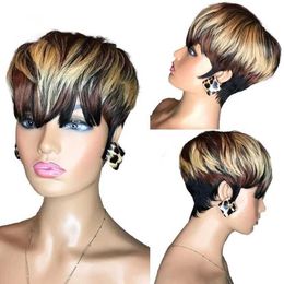 Nxy Vhair Wigs 27 Color Highlight Short Cut Bob Human Hair with Natural Bangs for Women Brazilian Straight Machine Made Wig 240330