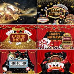 Laeacco Casino Party Photo Backdrop Birthday Theme Party Decor Playing Cards Golden Glitters Red Curtain Photography Backgrounds