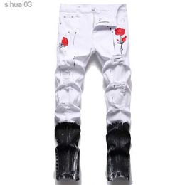 Men's Jeans Mens rose embroidered jeans fashionable holes tear elastic denim pants bottom zipper ultra-thin tape pencil white blackL2403