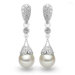 Dangle Earrings Elegant Carve Flower 925 Sterling Silver Water Drop Earring Pearl Women Brincos Wedding Pearls Jewellery
