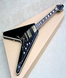 Ebony Fingerboard V Shape body Black Electric Guitar with Frets BindingStringthrubody BridgeGolden hardwarecan be customized6363694