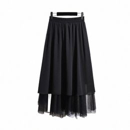 plus size women's summer casual skirt Polyester fabric hem design loose comfortable breathable black commuter party dr 0636#