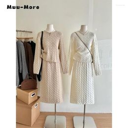 Work Dresses 2024 Winter Elegant Sexy Solid Color 2 Piece Set Women Long Sleeve Sweater A-line Skirt Office Lady Two