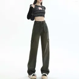 Women's Jeans Solid Retro Overalls Slimming Trend Straight Pants High Waist Drop Wide Leg Ladies Slacks Thin Comfy Versatile Trousers