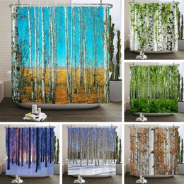 Shower Curtains Birch Forest Trees Curtain Natural Landscape Prints Fabric Waterproof Polyester Bathroom Decoration With Hooks