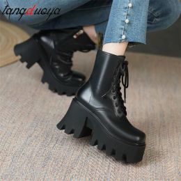 Punk Goth Ankle Boots Women Black Chunky Wedge Platform Shoes Woman Lace Autumn Patent Leather Footwear Lady Botas Mujer