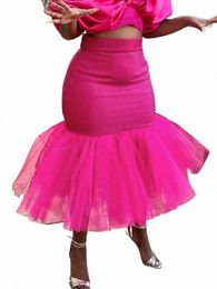 fuchsia Mermaid Skirt Women Shimmer Fitted Tulle Ruffle Hem Flare Mermaid Skirt Midi Wedding Cocktail Prom Dance Jupes Plus Size A33e#
