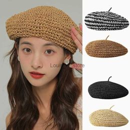 Berets Newsboy Hats Summer Handmade Weave Beret For Girls Adjustable Flat Top Straw Hat Female Breathable Travel Beach Sun Cap H240330