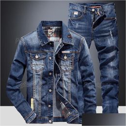 Men'S Tracksuits Mens Fashion Slim Sets Spring Autumn Dark Blue Denim Cotton Long Sleeve Jacket Add Ripped Hole Jeans Couple Two Piec Otc23