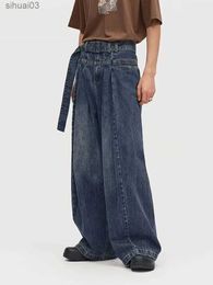 Men's Jeans HOUZHOU Baggy Jeans Mens Distressed denim wide leg pants with pleats oversized hip-hop mens street clothing mensL2403