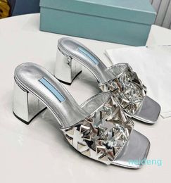 2024 Summer Womens Shoes One line Slippers High Heel Slippers Thick Heel Open Toe Cool Slippers Water Diamond Sandals