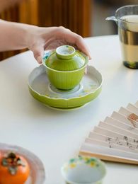 Teaware Sets Green Pure Hand-painted Small Petals Cover Bowl Teacup Ceramic Single Anti- Tea Infuser Chinese