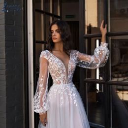 Deep V-neck Wedding Dresses Beach Lantern Long Sleeves Lace Appliques Tulle Floor Length Vestido De Novia Lace Up Bridal Gowns