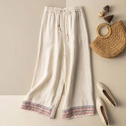 Women's Pants Solid Summer Embroidered Cotton And Casual Slacks Elastic Waist Drawstring Wide Leg Loose