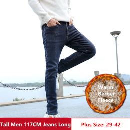 Berber Fleece Warm Tall Men Jeans 117CM Straight Slim Fit High Waisted Winter Plus Size 42 40 38 Denim Black Extra Long Trousers