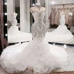 Arabic Aso Ebi Luxurious Beaded Crystals Wedding Dress High Neck Mermaid Bridal Dresses Sheer Neck Wedding Gowns Plus Size Vestidos De Noiva 2024