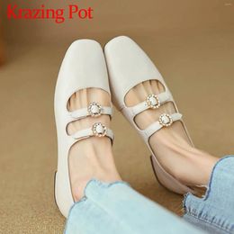 Casual Shoes Krazing Pot Cow Leather Metal Buckle Straps Low Heels Summer Sweet Girl Fashion Square Toe Mary Janes Daily Wear Women Pumps