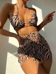 Women's Swimwear 3pack Zebra Stripe Bikini Women Lace Up Swimsuit Beach Skirt 2023 Swimwear Female Padded Bathing Suit Swimming Beachwear Summer T240330