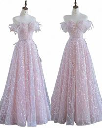 dgcmy Luxury Pink feather Prom dres women advanced light luxury a word shoulder fairy Evening dr high-end party gown 598z#